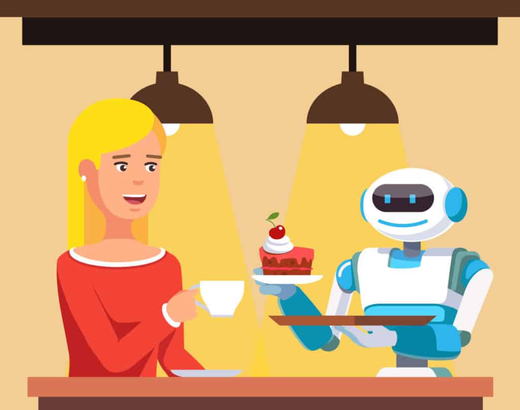 Illustration of blonde woman having a chat with a robot while having cake and coffee