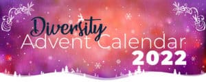 Diversity Advent Calendar typographical on holidays background with snowflakes, light, stars.a
