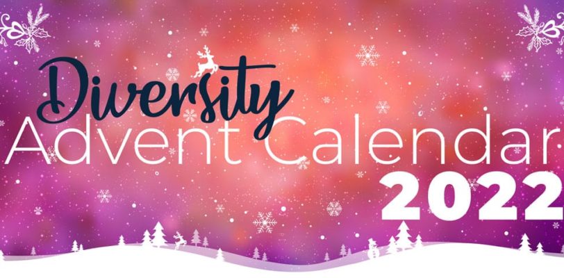 Diversity Advent Calendar typographical on holidays background with snowflakes, light, stars.a