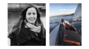 Split photo on We Shape Tech website: on left side black-and-white portrait photo of role model Paloma Bosco, on right side Paloma on sailing vessel