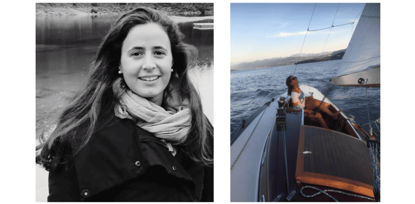 Split photo on We Shape Tech website: on left side black-and-white portrait photo of role model Paloma Bosco, on right side Paloma on sailing vessel