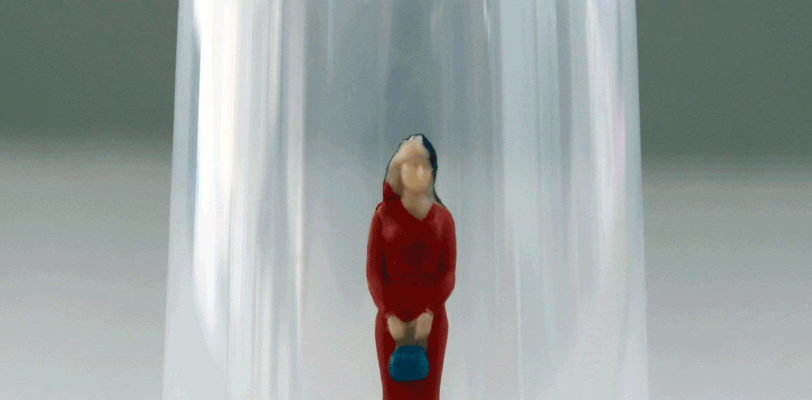 Visual for article "Stuck between Glass Ceiling and Glass Cliff -Basics- Part 1"; woman stuck under a glass