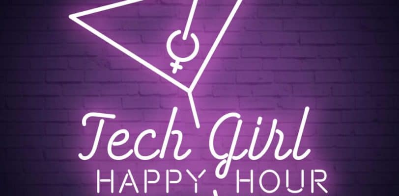 Cover image of Tech Girl happy Hour podcast series showing a cocktail glass and the name of the podcast in neon light font
