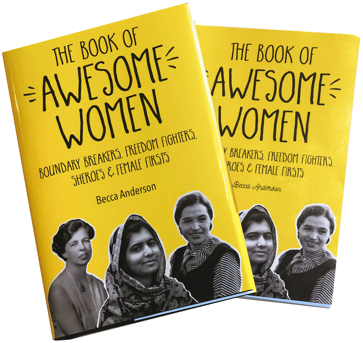 Cover of Book "The Book of Awesome Women"; yellow book cover with three women in black-and-white on it