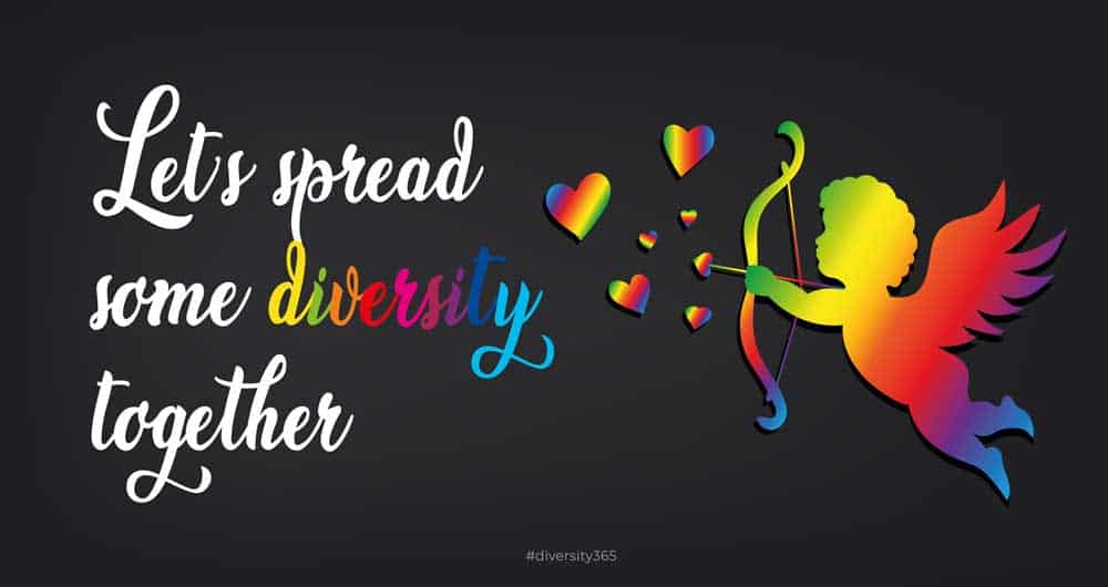 Diversity Valentine's Day "Let's Spread Some Diversity Together" card with a rainbow-colored cupid shooting rainbow-colored hearts and curly text