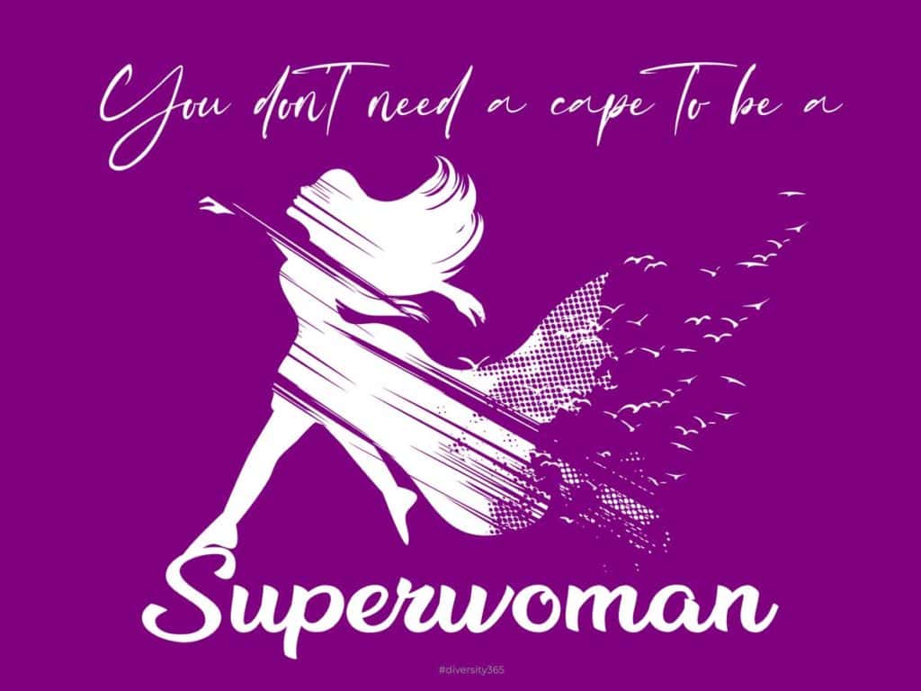 Diversity Valentine's Day "You don't need a cape to be a superwoman" card with purple background and dancing woman with a dissolving cape
