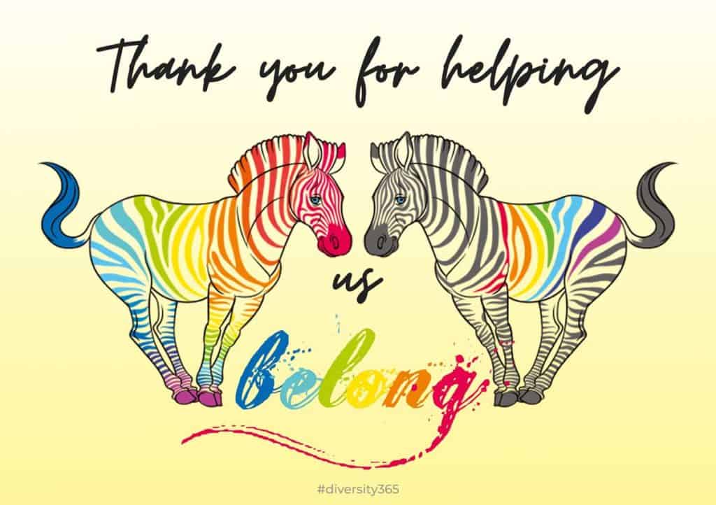 Diversity Valentine's Day "Thank you for helping us belong" card with yellow background and two zebras with colorful stripes