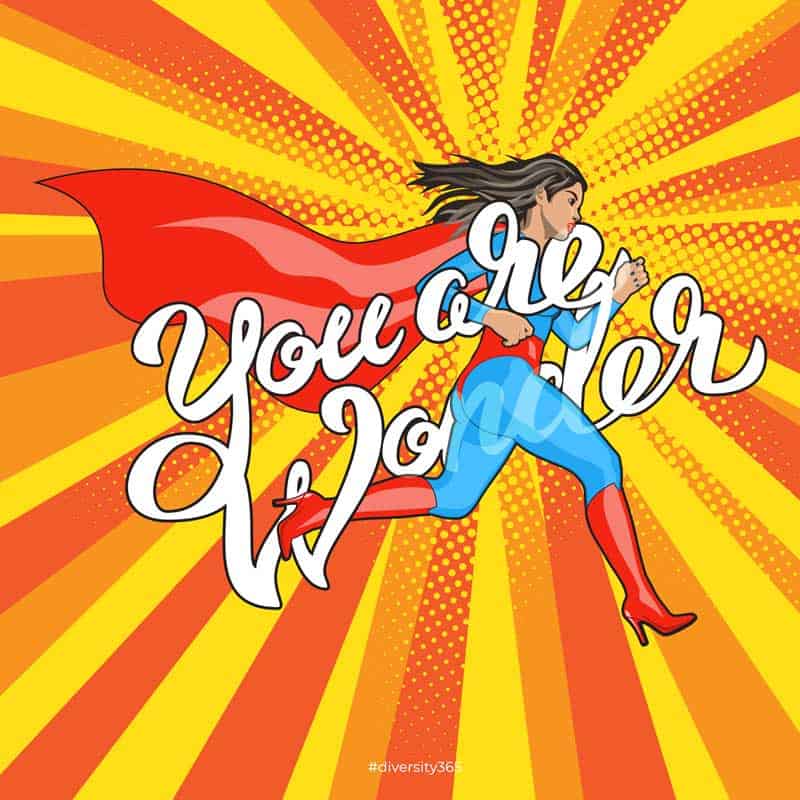Diversity Valentine's Day "You are Wonder" card with retro yellow-red background and running superwoman