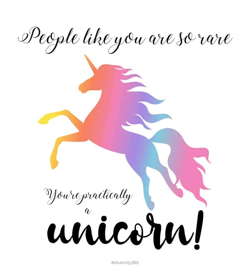 Diversity Valentine's Day "People Like You are So Rare, You're Practically a Unicorn" card with a rainbow-colored unicorn on white background and curly text