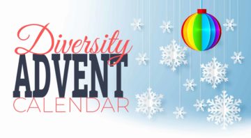Featured image of diversity advent calendar with red-blue colored display fonts and xmas balls in rainbow color and snowflakes