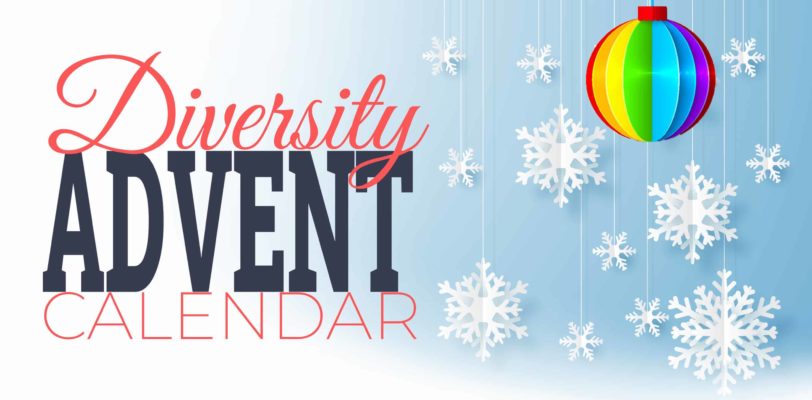 Featured image of diversity advent calendar with red-blue colored display fonts and xmas balls in rainbow color and snowflakes