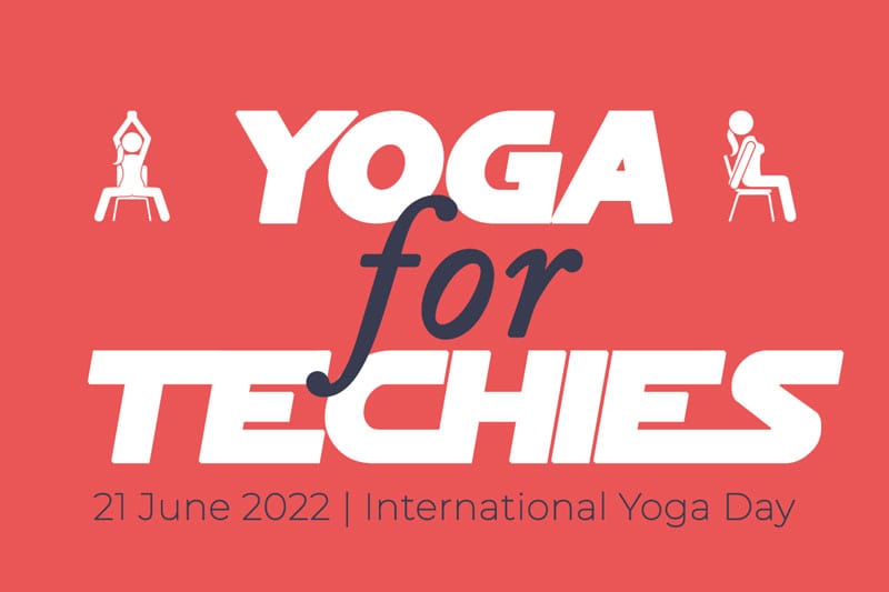 Featured image of blogpost "Yoga for Techies" by Tanja Lenger Mascarenhas from The Yoga Place for international Yoga Day 21 June 2022; showing a red backgroud with white and blue spelling of the title